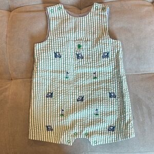 Little Me Green and White Striped Romper with Car Print